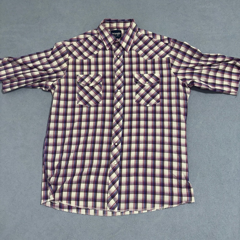 Wrangler Button Up Western Shirt Long Sleeve Plaid Purple White Mens‎ Size XLT